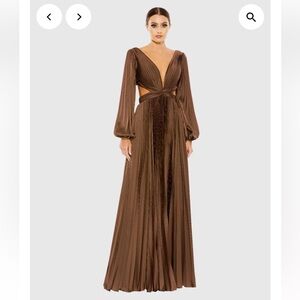 Mac Duggal Brown Plissé Long Sleeve Cutout Evening Gown